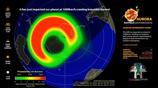 Aurora Australis (Southern Lights) Tonight, 1 June 2025 from 21:00 - Wednesday 3 June 04:00 Aurora Australis Viewing Guide and Photo Tips ✨ Share the wonder and magic! ✨ This is for ALL South Africans and FREE!! Tonight, and tomorrow night, powerful geomagnetic storms will set the skies ablaze with hues of red, pink, and green as the Aurora Australis (The Southern Lights) grace our skies once more, just like in May and October last year. Gather your loved ones, cherish the moment, and remember: 