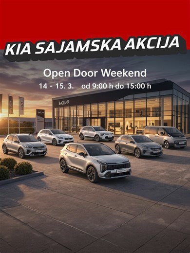 KIA OPEN WEEKEND u Auto Mirkos salonu Pozivamo vas da nam se pridružite 14. i 15. marta na posebnom vikendu posvećenom KIA vozilima. Iskoristite priliku da: ✔ upoznate najnovije KIA modele ✔ zakažete test vožnju ✔ saznate više o aktuelnim ponudama i pogodnostima Naš tim će vam pomoći da pronađete vozilo koje savršeno odgovara vašim potrebama. 📍 Auto Mirkos – KIA salon Ljubičevsko naselje bb, Požarevac Vidimo se na KIA Open Weekend-u!