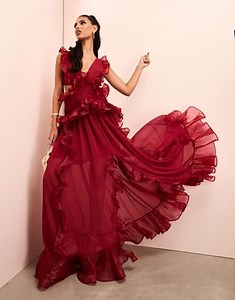 ASOS LUXE plunge maxi dress with ruched chiffon detail & open back in burgundy | ASOS