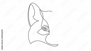 Self drawing simple animation of single continuous one line drawing of fox head. Drawing by hand, black lines on a white background.