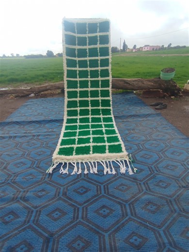 Handmade Moroccan Wool Runner Rug – Green White Grid Hallway Carpet - Etsy