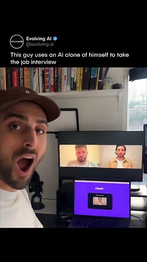 Evolving AI on Instagram: "Nothing to see here 👀😅 This guy cleverly uses an AI clone of himself to take the job interview. This was done with a tool called aiapply.co, an AI that helps jobseekers [ 🎥: @aiapply.co ] * This is a sponsored post ______ #ai #chatgpt #aitools #openai #aitips #machinelearning"