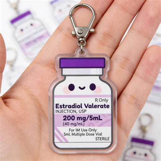 Estradiol Valerate Kawaii Keychain, Cute Hormone Vial Acrylic Charm, Trans Pride HRT Gift, Nurse Doctor Bag Tag, Pastel Medical Keyring