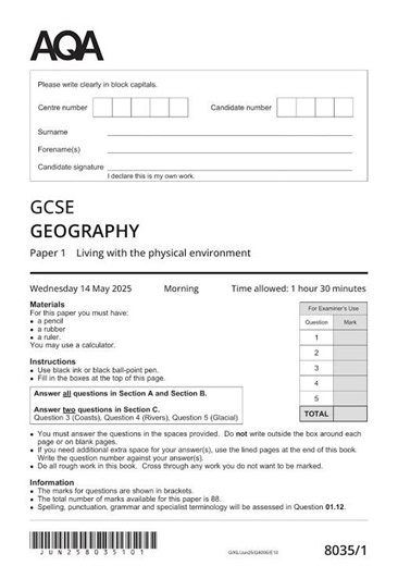 AQA GCSE Geography Paper 1 2025
