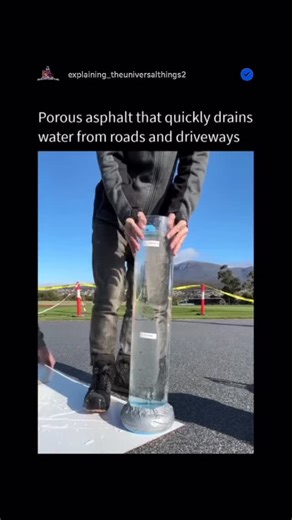 Explaining_the_universalthings on Instagram: "Porous asphalt is made by mixing asphalt binder with specially sized aggregates that create a network of interconnected voids, typically ranging from 15 to 25 percent of the surface, which allows water to quickly pass through. Unlike traditional asphalt, which is tightly compacted and waterproof, porous asphalt is compacted just enough to maintain strength but retains enough open space for water infiltration. Beneath this porous layer, a thick bed of