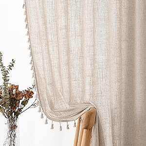 Natural Boho Linen Curtains 84 Inches Long 2 Panels Cream Beige Semi Sheer Curtain Tassel Rod Pocket Back Tab Light Filtering Neutral Farmhouse Bohemian Drapes for Living Room Bedroom 38x84