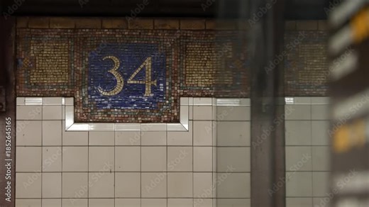 New York City Manhattan Midtown subway platform, 34 street metro near Herald Square and Penn Station, United States railway. Public metropolitan transport in USA, american railroad. Sign on wall, tile