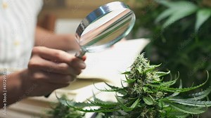 A female biologist hand using a magnifying glass to see the details of female cannabis flower components, indoor plant life cycle researching based on tropical botanical information textbook, nature