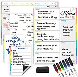 Magnetic Dry Erase Calendar and Menu Board Bundle for Fridge-Monthly Calendar,Menu Board,Two Bonus Dry Erase Notes/to Do/Grocery Whiteboards,6 Extra Fine Tips Markers and Magnetic Eraser Included!