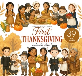Thanksgiving Clipart, First Thanksgiving, Watercolor Pilgrim, Turkey, Pumpkin