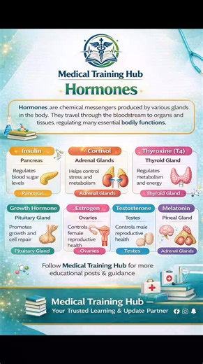 🌟 Hormones – The Body’s Chemical Messengers 🌟 #Hormones #MedicalEducation #MedicalTrainingHub #HealthTips #Endocrinology #Insulin #Cortisol #Thyroxine #GrowthHormone #Estrogen #Testosterone #Melatonin #MedicalLearning #HealthcareEducation #BodyFunctions #MedicalKnowledge #NursingStudents #MedicalStudents #HealthAwareness | Medical Training Hub