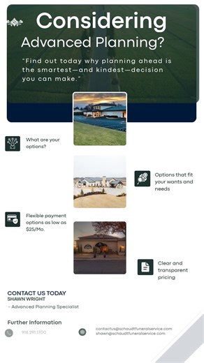 Plan Ahead with Comfort and Confidence with affordable options starting at just $25 per month. Choose a plan that fits your wishes and your budget. Enjoy clear, transparent pricing with no surprises. Planning ahead brings peace of mind — for you and your loved ones. For more information:  contactus@schaudtfuneralservice.com  shawn@schaudtfuneralservice.com Contact us today Shawn Wright Advanced Planning Specialist | Schaudt's Funeral Service & Cremation Care | Facebook