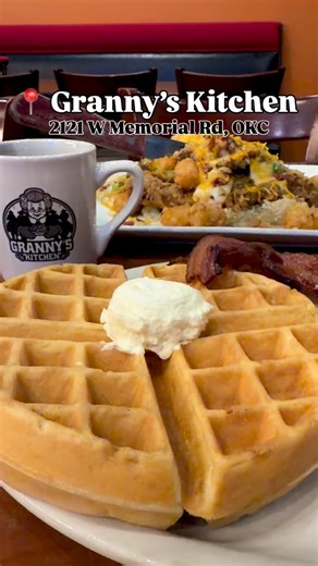 Granny's Kitchen started in Stillwater and has quietly become a go-to for homestyle breakfast and brunch across the OKC metro. 👵🍳 You’ll find all the classics you’d expect like fluffy buttermilk pancakes and waffles, omelettes, and burgers…but the real move is ordering something that goes fully off the rails, like the “Nasty Granny”: a chicken fried steak stacked on a halved biscuit and buried under tater tots, gravy, bacon, ham, sausage, peppers, onions, and cheddar. 😮 Got more of a sweet to