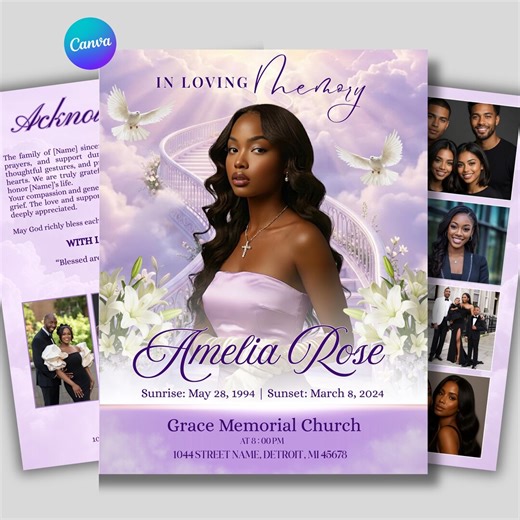Purple Roses Funeral Program Template: 8-page Memorial (canva, PDF Download) - Etsy