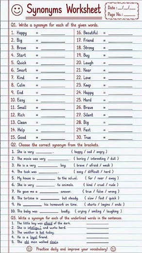 😊 Synonyms Worksheet | English Vocabulary Practice | Daily Worksheet