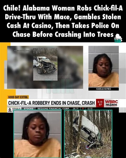 The Neighborhood Talk on Instagram: "TNHT Staff: @hausofaaron __________________ Neighbors, police said Kaudija Shondrelle Haynes, 32, of Birmingham, used mace at a Chick-fil-A drive-thru on Friday and demanded a bag of money from an employee, who complied. __________________ Authorities tracked her to the Wind Creek Casino in Wetumpka, where she was reportedly gambling with the stolen cash. She then led police on a chase that ended when she crashed into several trees and was arrested. _________