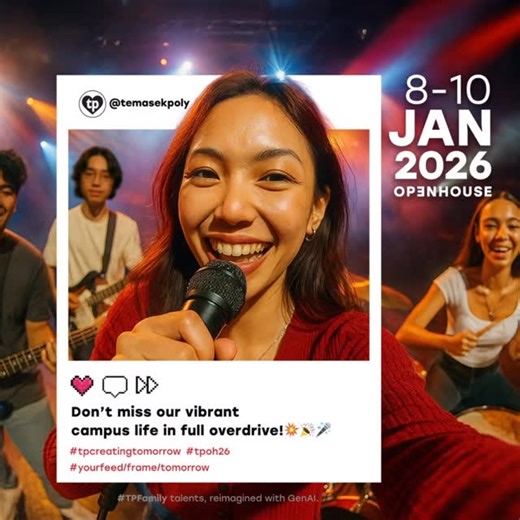 Temasek Polytechnic on Instagram: "The rumours are true… TP Open House is BACK and BIGGER than ever! 🤩 Discover your dream course, explore campus life, and speak to our lecturers to get all your questions answered 💬 Check out exciting CCAs and soak in the vibes at our iconic Evening Fest 🎶🌙 Psst… a little birdy told us you can also print your own Solace Studios prints 🖨, score free PlayMade bubble tea🧋and unlock even more surprises 🫢🤭 🗓 8–10 January 2026 Find your dream course & plan yo