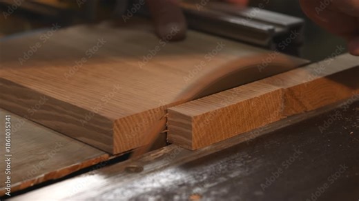 Precise Rabbet Joint Crafted By Skilled Hands, Craftsman Using Table Saw To Shape Oak Board Accurately. Media