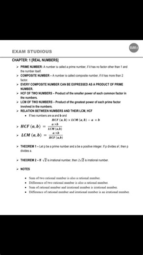 Class 10 Real Number Short Notes , Quick Rivision of real numbers , Chapter - 1 CBSE Board