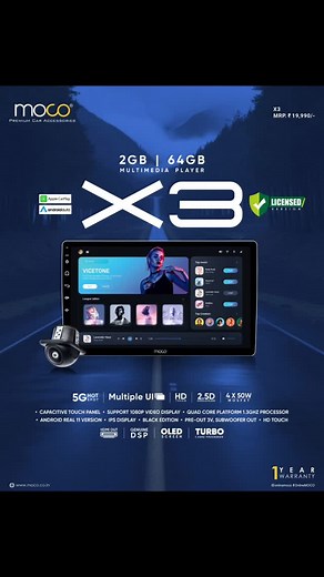 New Launch Alert! 🚀 ✨Upgrade Your Ride with Moco X3! Experience seamless connectivity with 2GB RAM 64GB ROM, HD OLED Touchscreen, and 5G Hotspot. Enjoy Android Auto & Apple CarPlay, 1080P Video, and Android Version 11—all powered by 4*50W MOSFET for superior sound. 1-Year Warranty Support! #DriveSmart #MocoX3 | MOCO