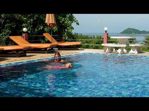 Mother and daughter swim in swimming pool