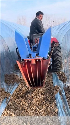 Creating furrows in the gaps between greenhouse films: Precise operation of a small tractor.