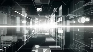 Abstract grey and white technology background with various tech elements, conveying a hi-tech communication concept and innovation Stock Video