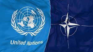 Download North Atlantic Treaty Organization, NATO and United Nations, UN Flags Together Seamless Looping Background, Looped Bump Texture Cloth Waving Slow Motion, 3D Rendering