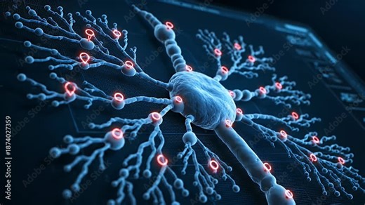 Detailed Neuron Structure with Red Points Under Blue Light Microscopy for Autoimmune Research and Pharmaceuticals 3D