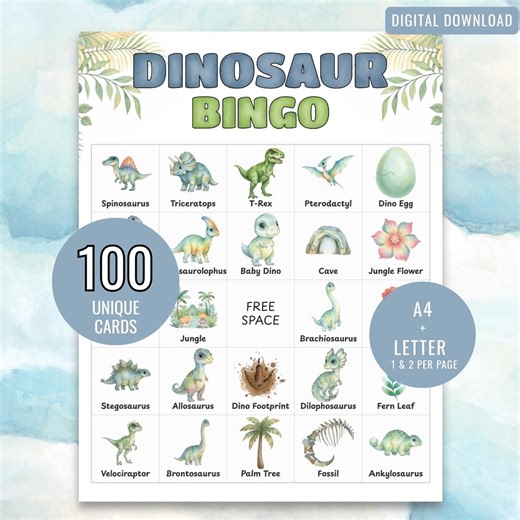Dinosaur Bingo Printable Game, 100 Unique Cards, Large Group Classroom & Party Dino Bingo PDF - Etsy