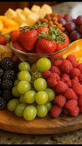 Fruit and Cheese Party Platter Ingredients: 1 cup strawberries 1 cup raspberries 1 cup blackberries 1 cup green grapes 1 cup red grapes 1 cup orange slices 1 cup mango slices 1 cup cheddar cheese cubes 1/2 cup almonds Instructions: Step 1: Wash all fruits thoroughly and pat them dry. Step 2: Cut the mango into slices and the cheese into small cubes. Step 3: Arrange strawberries, raspberries, blackberries, grapes, oranges, and mangoes on a large wooden serving board. Step 4: Add cheddar cheese cu
