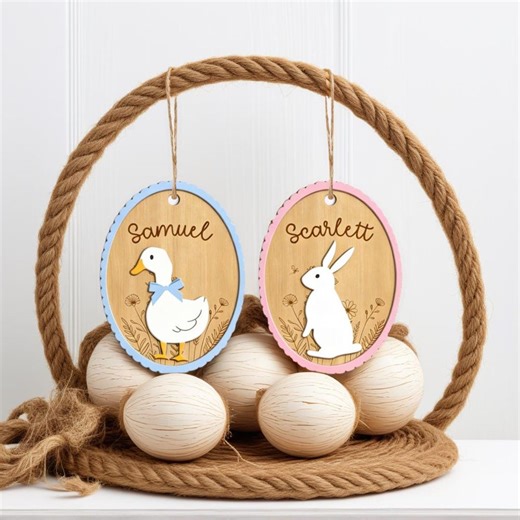 Custom Easter Name Tag, Personalized Easter Basket Tag, Bunny With Bow or Goose, Laser Engraved Keepsake,stacked Maple Wood and Acrylic, - Etsy