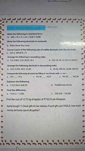 6th Grade Math Decimal worksheet 1