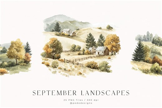 September Landscapes, Watercolor Countryside Scenery, Autumn Clipart, Landscape Illustration, Farmhouse Png, Fall Invitation, Download - Etsy