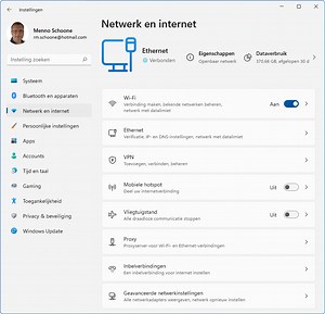Windows 11 Instellingen, onderdeel Netwerk en internet