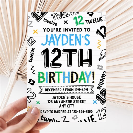 Doodle 12th Birthday Invitation, Editable Canva Template, Digital Download - Etsy