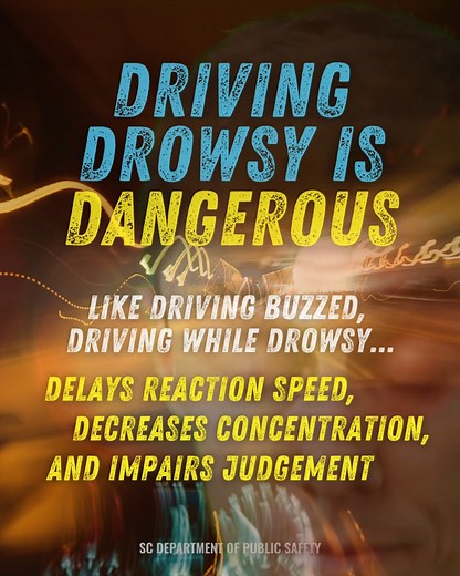 You drive lousy when you're drowsy! 💤 Drowsy driving poses similar risks to drunk driving. When you're sleep deprived at the wheel, you put yourself and others at risk due to slower reaction time and veering out of your lane of travel. Do yourself—and everyone else—a favor by catching enough Z's BEFORE you hit the road! #DrowsyDrivingPreventionWeek | South Carolina Department of Public Safety