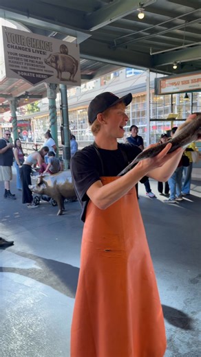 A Seattle tradition. Meet the famous fish throwers of Seattle's Pike Place Market ... Fish are thrown at Pike Place as part of a long-standing tradition that began as a customer prank and evolved into a way to serve customers efficiently. When a customer places an order, the fish is quickly tossed from the display to a different station behind the counter to be wrapped and prepared, a practice that has been enjoyed by visitors for decades. | Captain SeaHawk