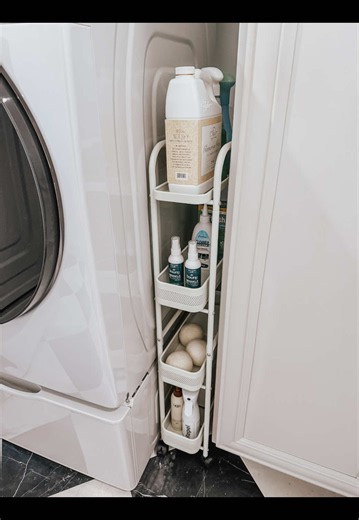 That weird gap finally has a purpose. This slim rolling cart slides into those narrow spaces between appliances and cabinets, turning unused space into extra storage for detergent, dryer sheets, stain removers, and more. Use the search bar in my AMZ store under Idea List: Laundry Room Organization