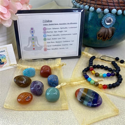 Chakra Balancing Crystal Gift Set: Tumbled Stones, Aromatherapy Bracelets - Etsy