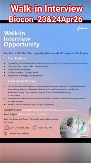 Walk-in Interview I Biocon | 23&240426 #job #pharma