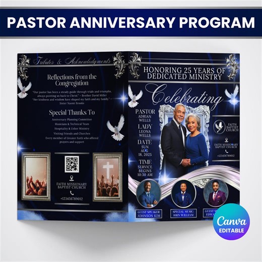 4 Page Pastor Anniversary Program Template, Pastor and Wife Church Anniversary Bi-fold Brochure, Canva Editable Pastor Appreciation Program - Etsy