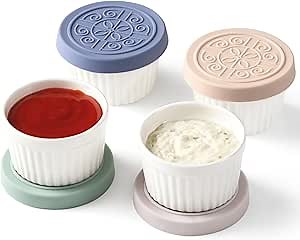 AOZITA Salad Dressing Container To Go, 2.4oz Porcelain Small Condiment Containers with Lids for Lunch Bento Box, Premium Silicone, Leakproof, Reusable Sauce Cups for Picnic and Travel, Dishwasher Safe