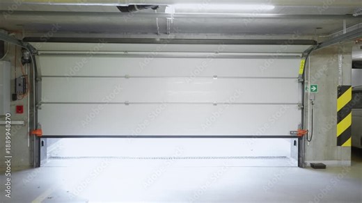 Automatic white sectional garage door opening in underground parking lot. Mechanical sound of motor and lift mechanism. Bright light from outside through open entrance in concrete garage.