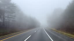 Vehicle Point of View Shot of Driving Down Treelined Interstate 40 in...