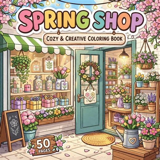 50 Spring Shop Interior Coloring Pages | Cute Storefront & Seasonal Coloring Book | Cozy Retail and Market Scenes | Instant Download - Etsy
