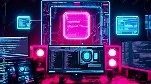 Modern neon-lit computer workstation with a monitor displaying code.