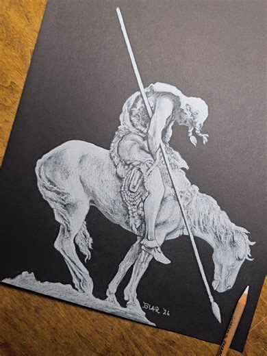 'End of the Trail' in white charcoal. A powerful sculpture seen and felt by millions. My father drew a version of this that hung on the wall as a child. It always had a strong impact on me. #native #sculpture #endofthetrail #charcoal #drawing