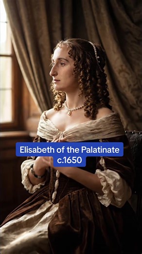 Elisabeth of the Palatinate, depicted here in a formal engraved portrait created around circa 1650, during her adult years at European courts. She wears a low-bodiced gown with gathered sleeves, pearl jewelry, and carefully styled curls, all signifiers of high noble status within the Electoral Palatinate. Her composed posture and restrained expression reflect the expectations placed on aristocratic women of the 17th century. Elisabeth was the daughter of Frederick V, Elector Palatine, and Elizab