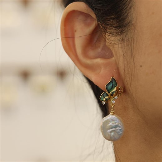 Gold Abalone Shell and Circle Baroque Pearl Earrings, Butterfly Inspired Earrings, Handmade Feminine Jewelry - Etsy